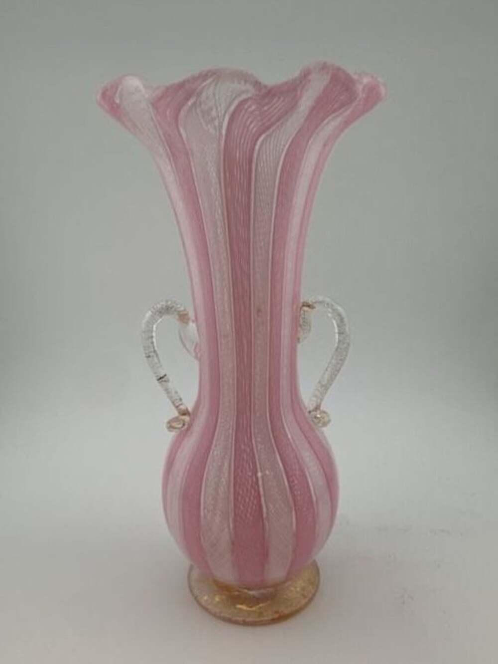 Murano Art Glass Vase Pink White Zanfirico Latticino Filigree Gold Aventurine